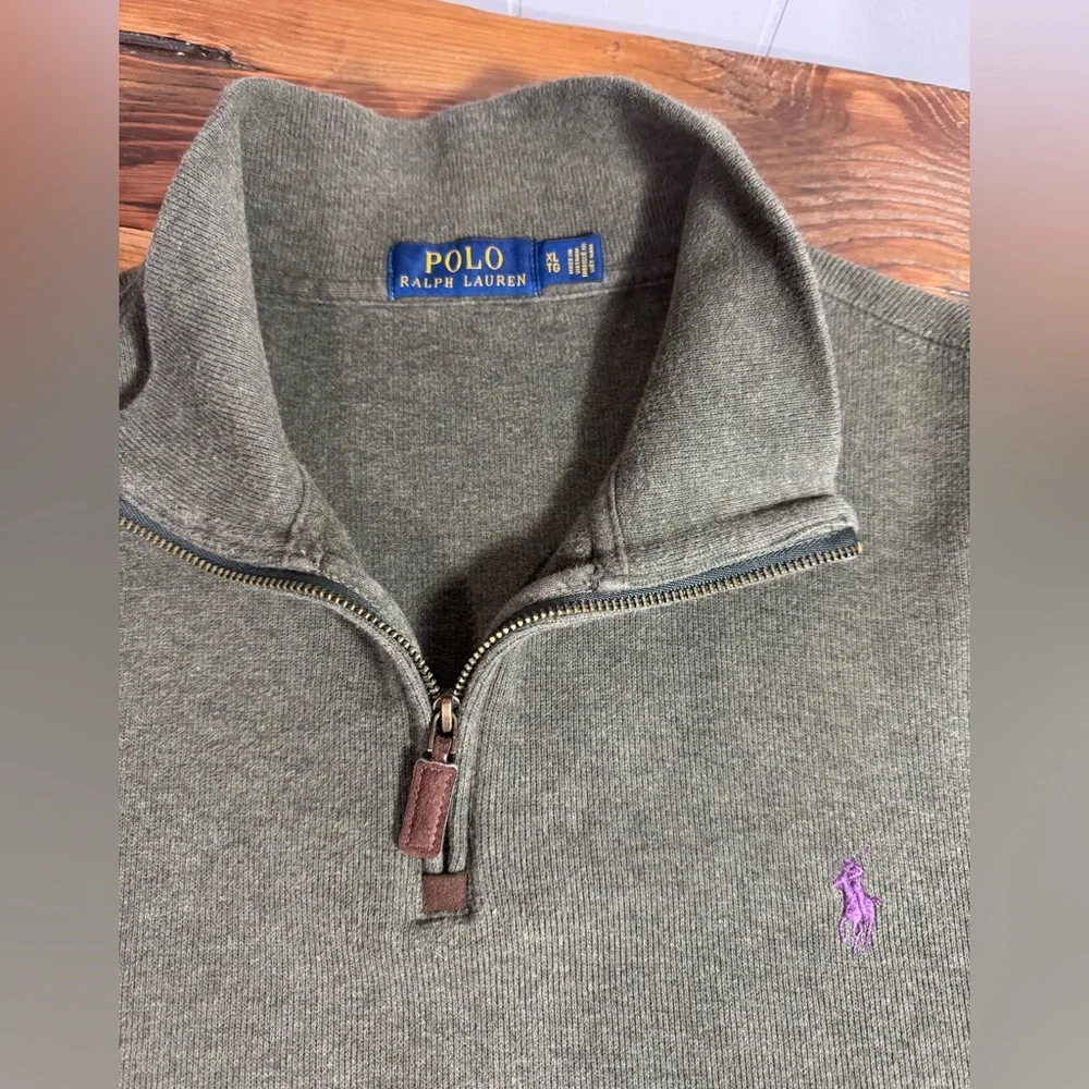 Polo Ralph Lauren Men’s‎ Olive Green 100% Cotton 1/4 Zip Sweater Purple Pony XL
